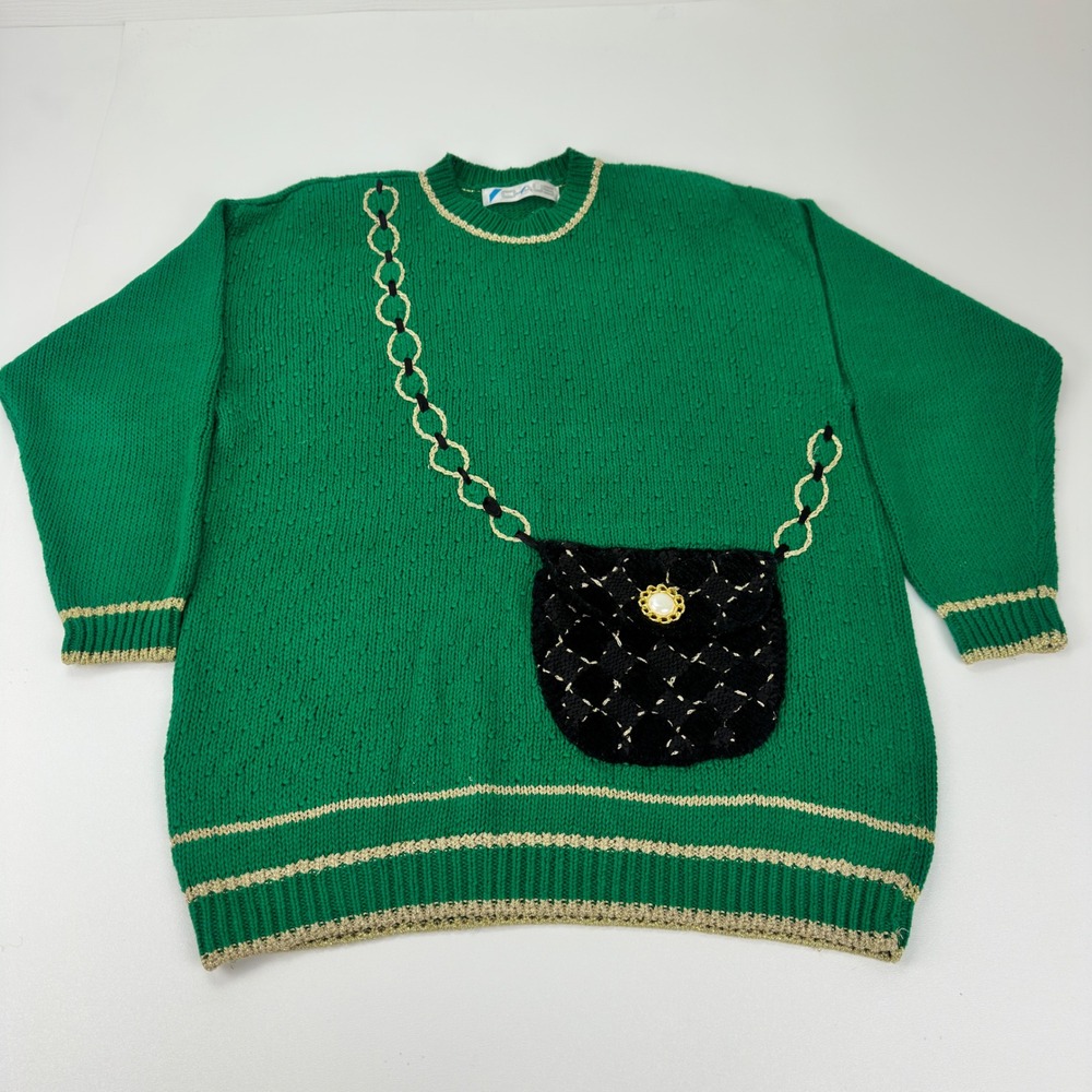 Chaus Vintage Green Trompe L'oeil Purse Graphic Knit Sweater Gold Trim Large